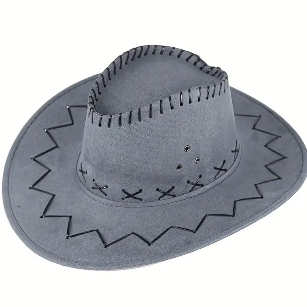Western Style Faux Suede Cowboy Hat with Stitched Detail - Gray